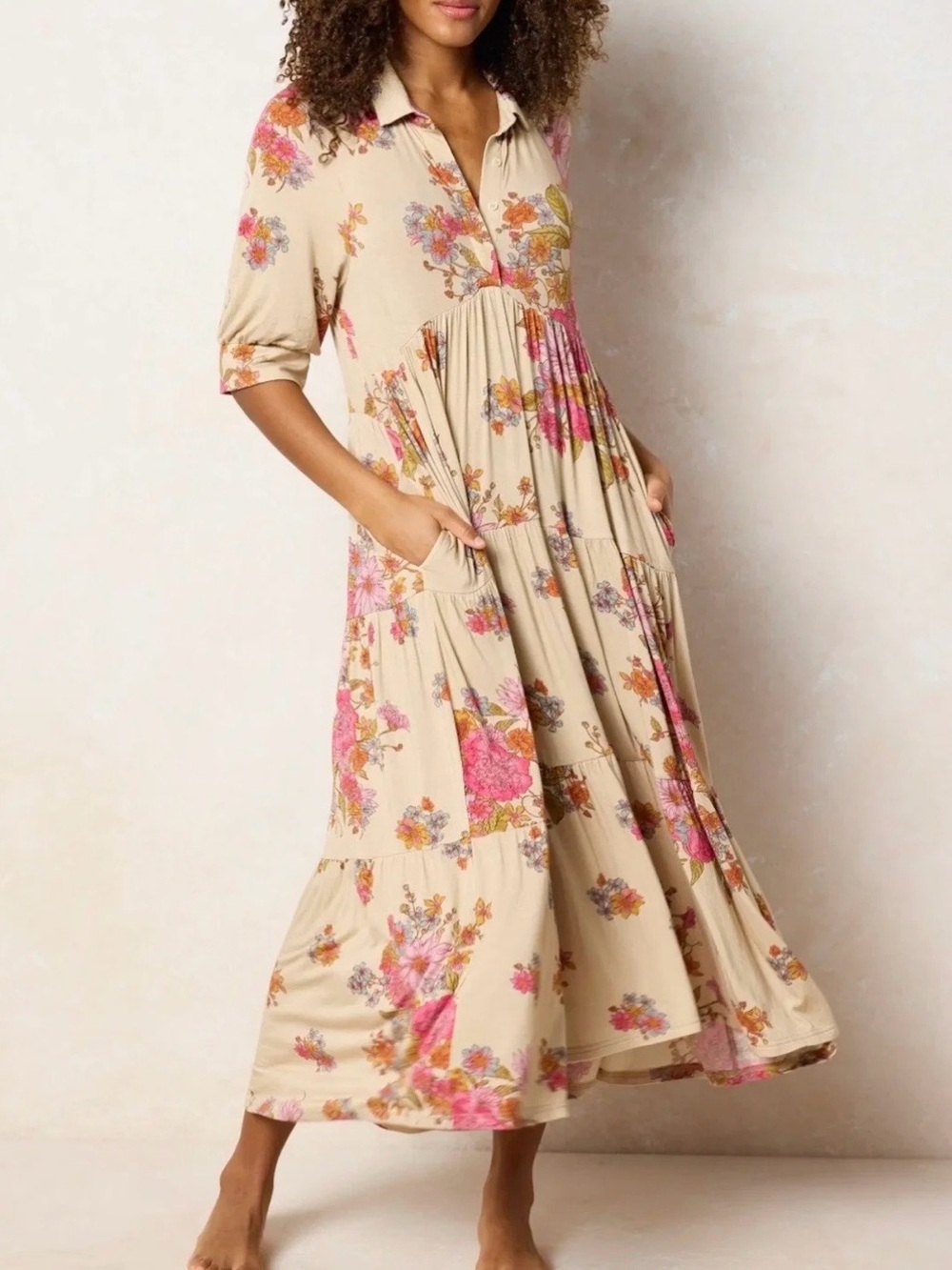 Natural Life Rebecca Butter Soft English Garden Floral Midi Dress with Pockets S